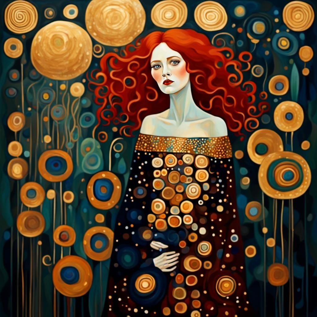 Red-Haired Woman Portrait in Gustav Klimt Style