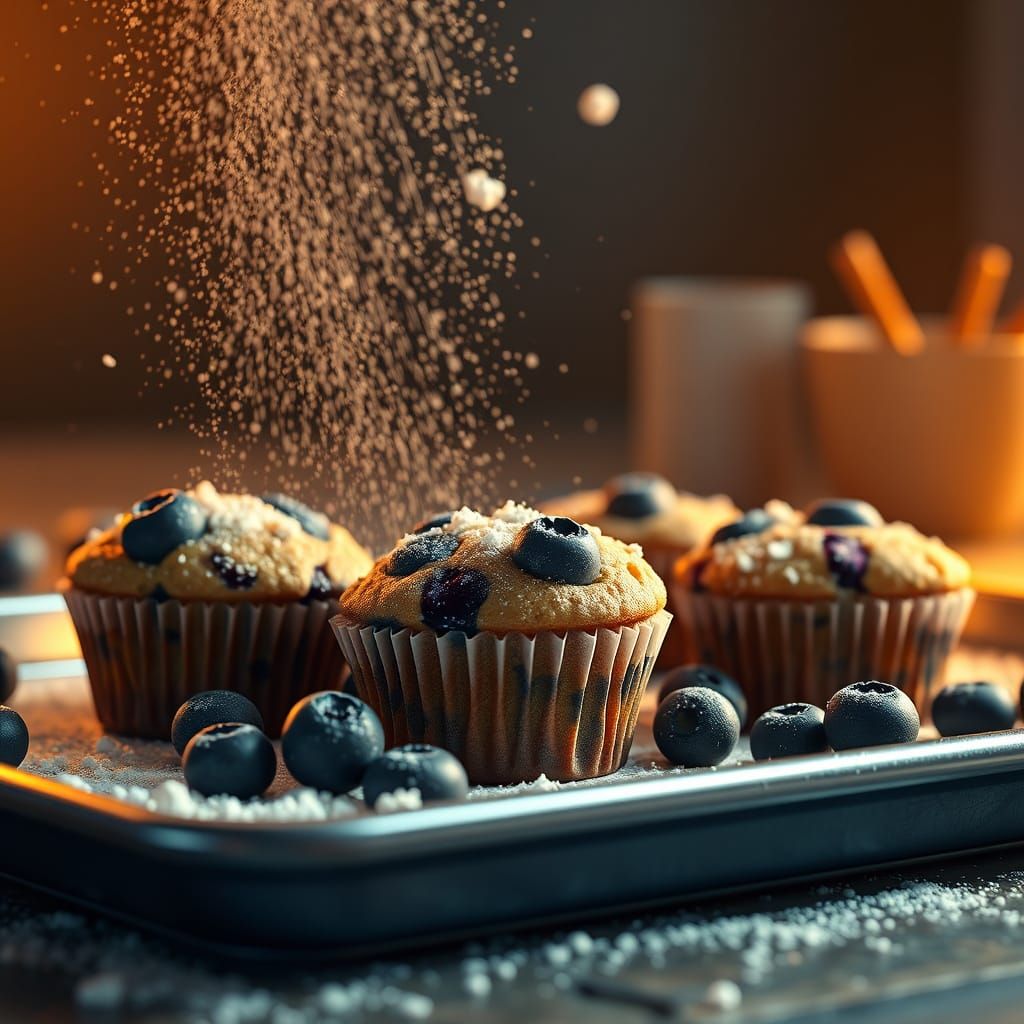Blueberry Muffins with Flying Flour in Warm Yellow Light