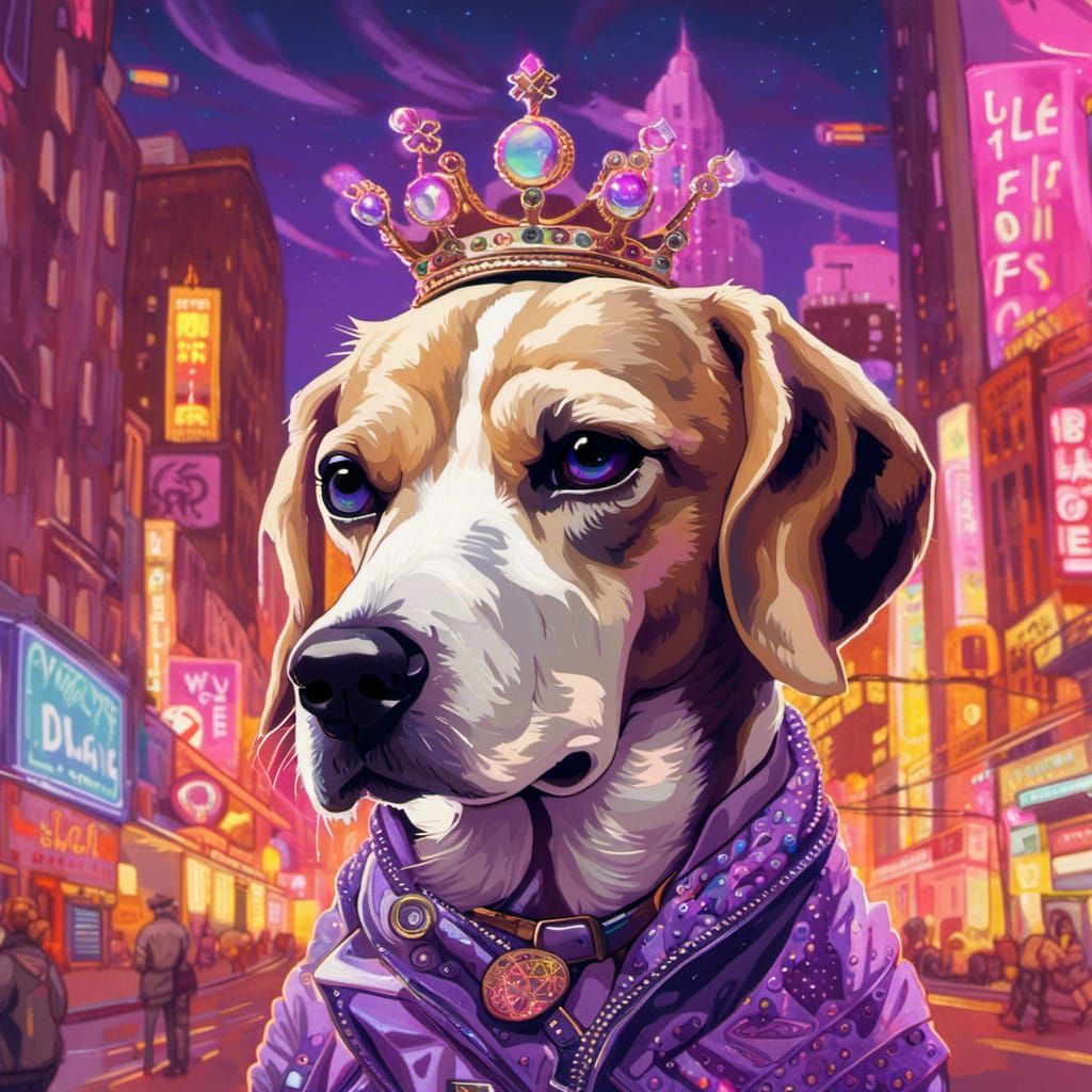 Vaporwave Beagle in Cityscape Cartoon Art