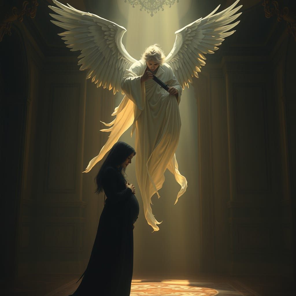 Serene Angel Contemplates a Pregnant Goth Girl in a Haunting...