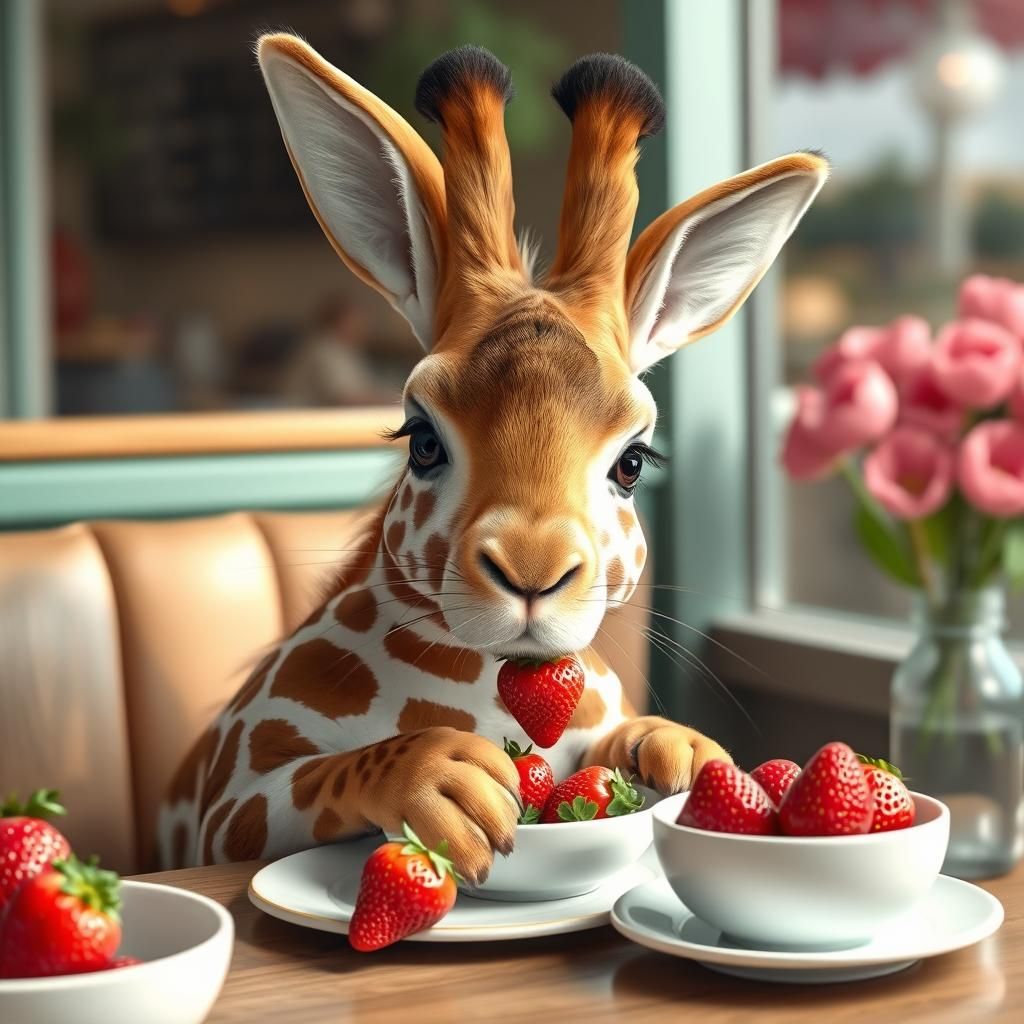Giraffe Bunny Cafe Scene with Strawberries
