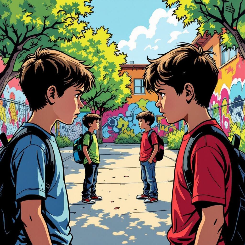 Boys Instigating Conflict in Schoolyard, Graphic Novel Style