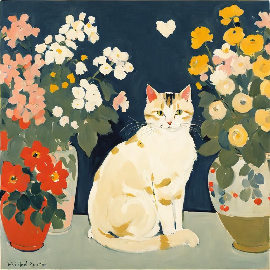 Cute Cat with Flowers: Realism Painting