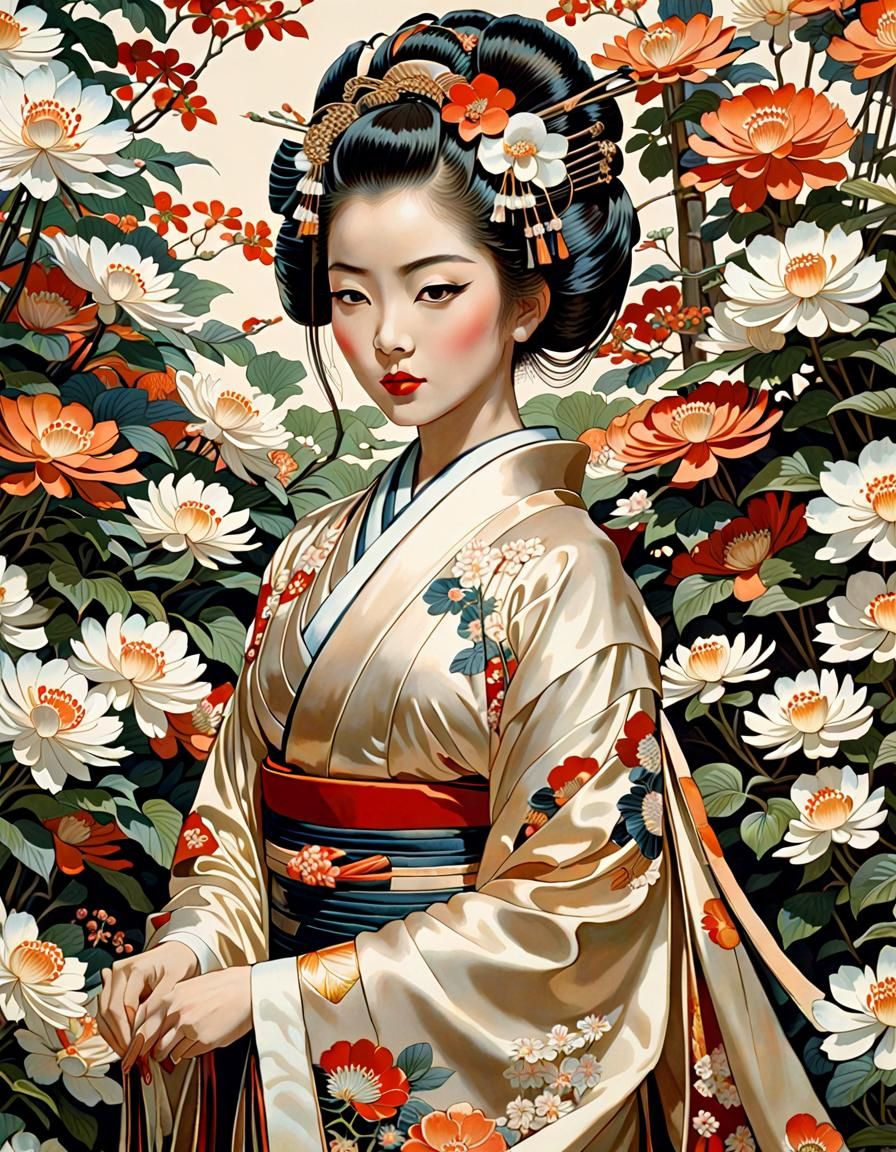 Beautiful Geisha in Flower Garden, Leyendecker Style