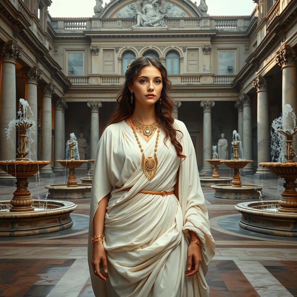 Elegant Roman Princess in Marble Courtyard