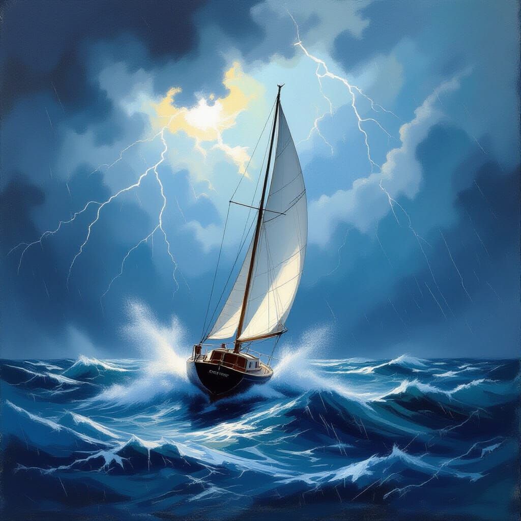 Sailboat Battles Storm in Dramatic Oil Pastel