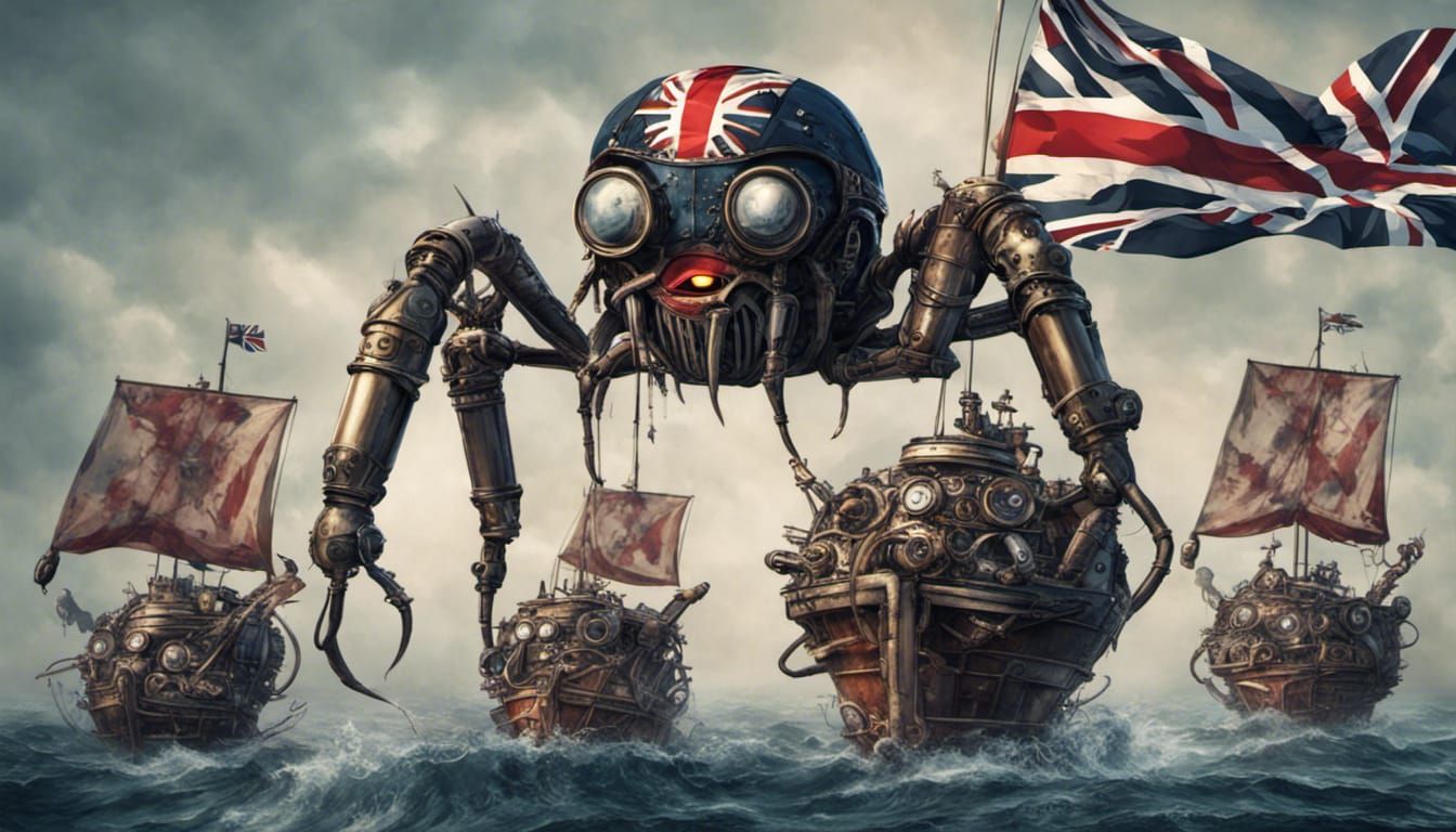 Steampunk Spider Soldier Invasion with Union Jack Flags