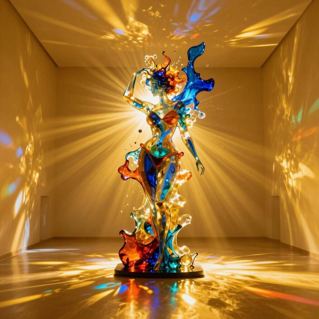 Ethereal Queen Beside Luminous Dichroic Glass Sculpture