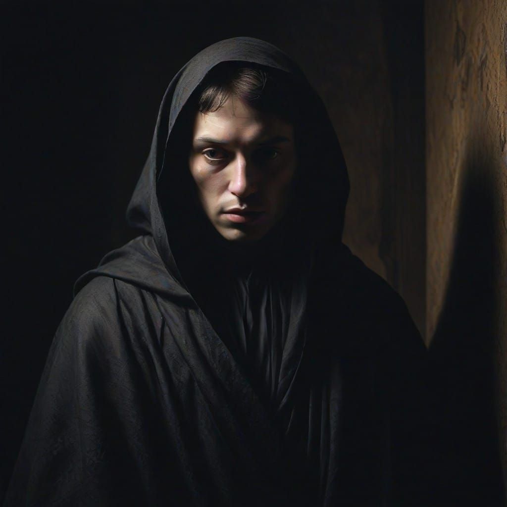 Dark Figure Surrounded by Velvety Shadows in Mysterious, Dra...