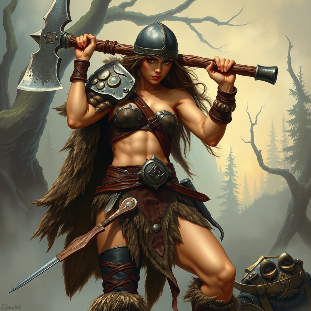 Fierce Barbarian Warrior Woman in Leather Armor