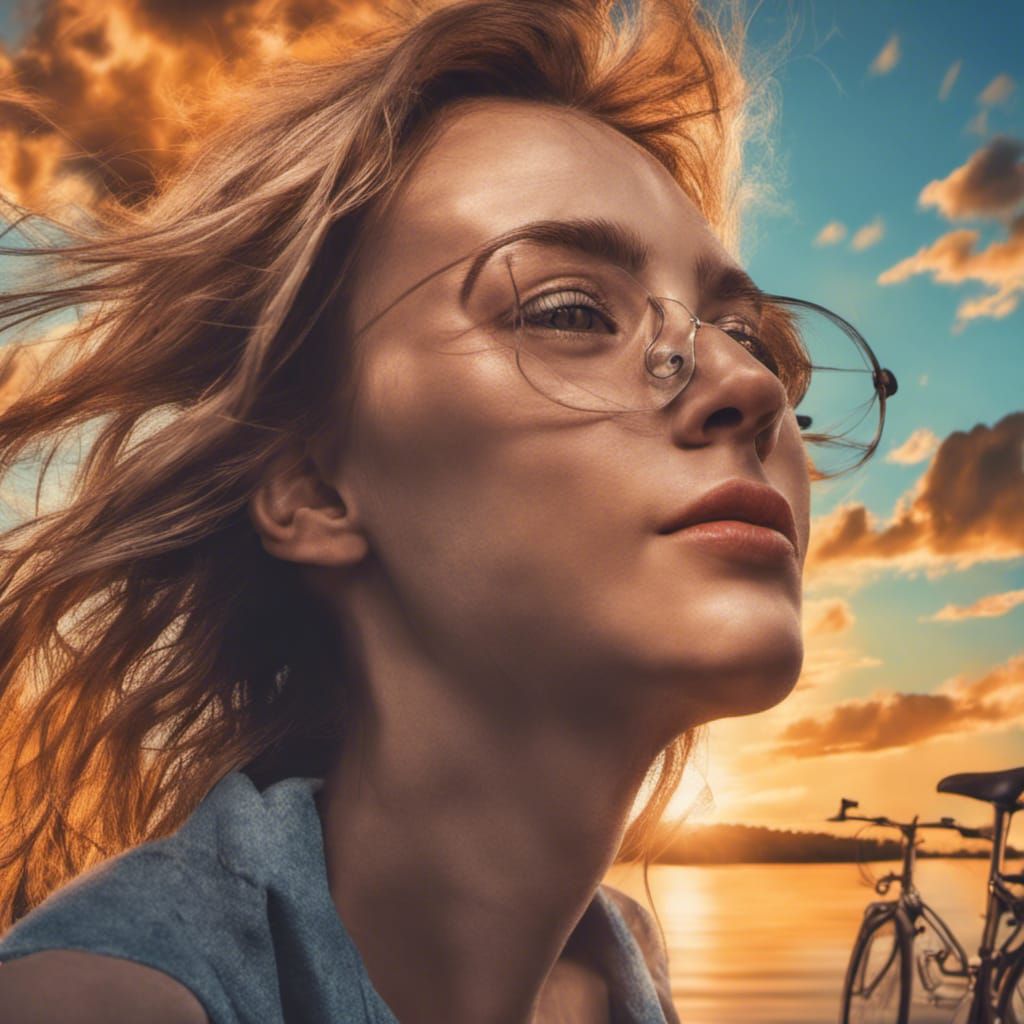 Girl with Bicycle by Lake on Sunny Day
