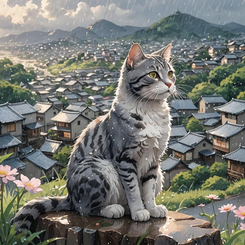Serene Cat Overlooks Rainy Japanese Village in Anime Style