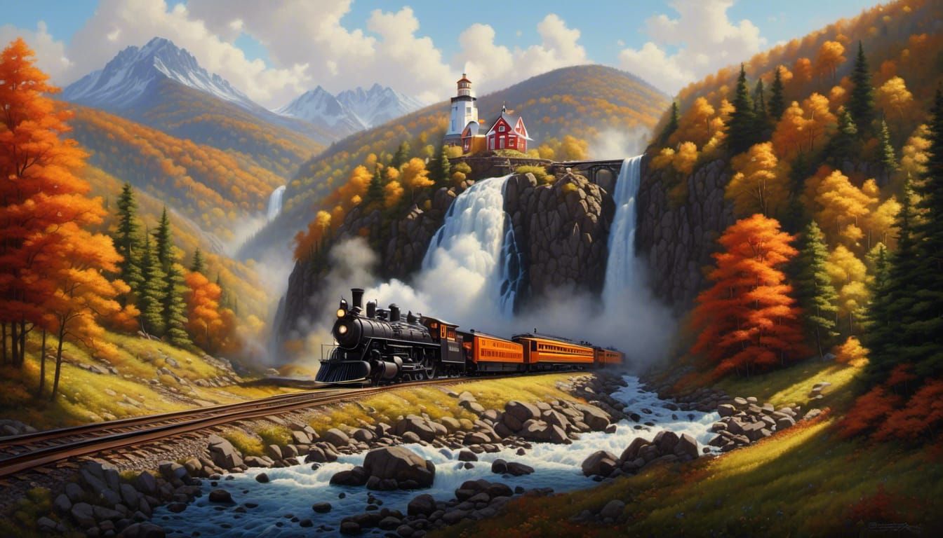 Realistic Train Journey Through Mountain Waterfall
