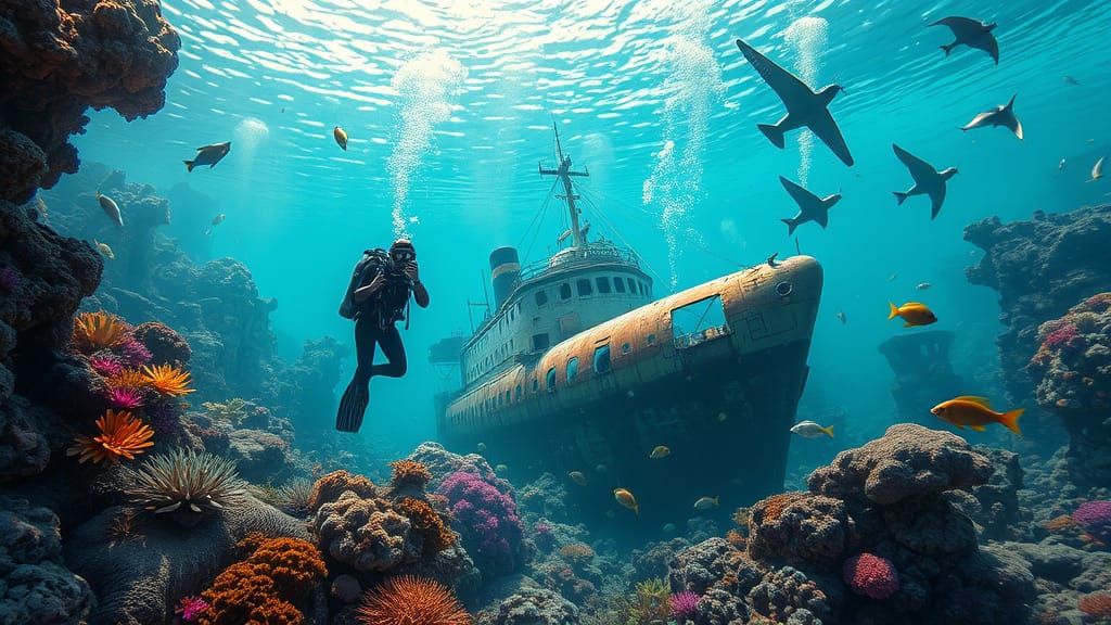 Surreal Underwater Metropolis with Wrecked Ship and Airplane...