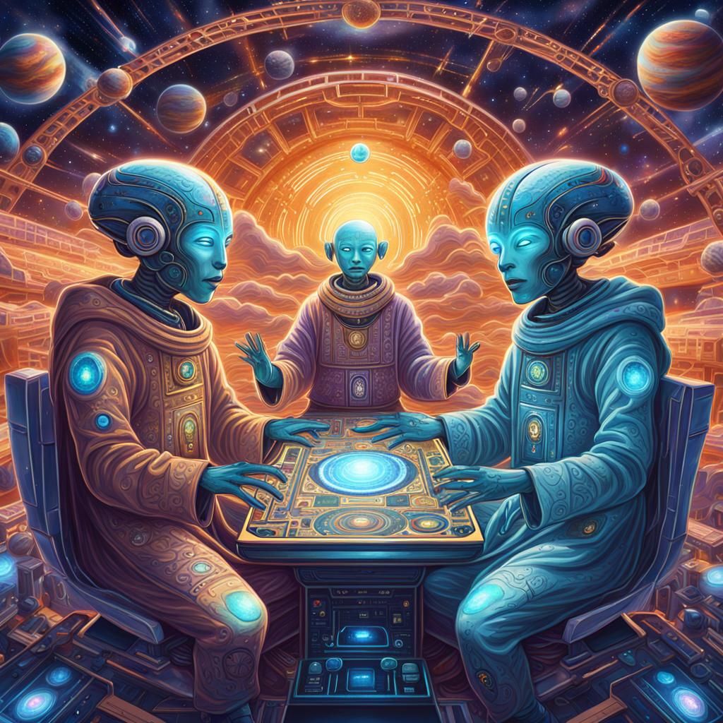 Enlightened Alien Robots Chanting Cosmic Mantras