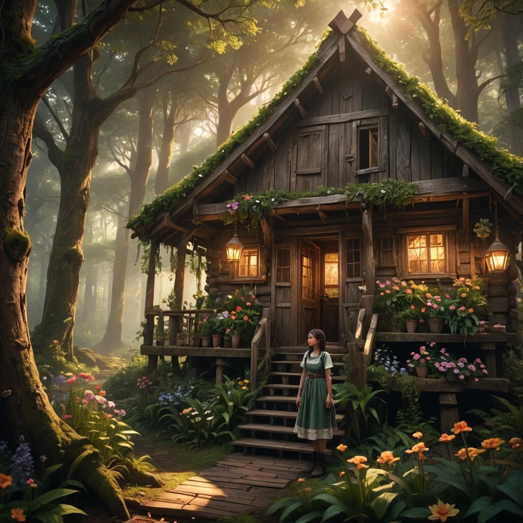 Fantasy Forest Scene: Girl in Flower-Covered Hut