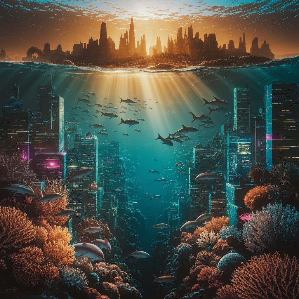 Underwater Neon Metropolis Below Ancient Ruined City Planet