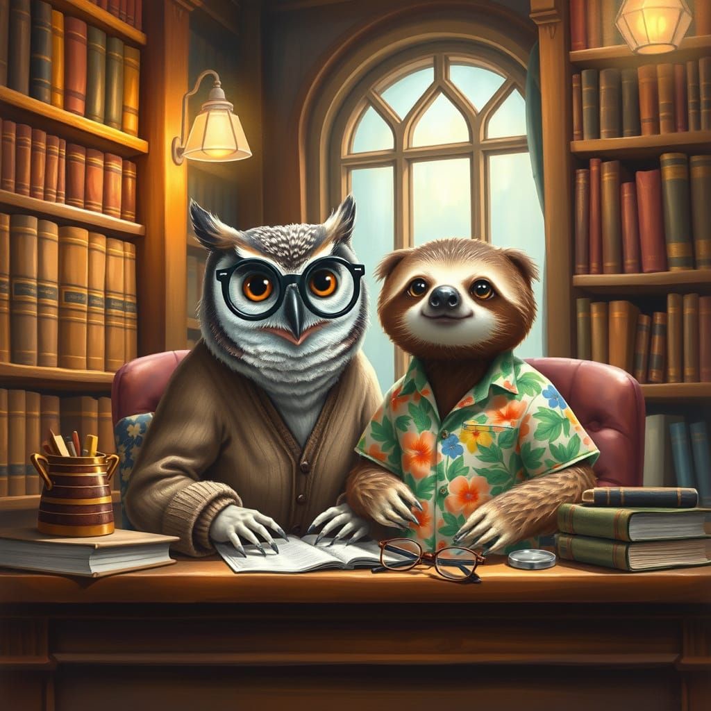 Whimsical Owl and Sloth Collaborate in Enchanted Library Set...