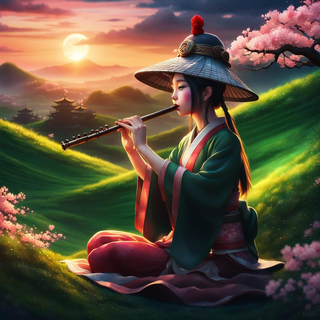 Girl with Flute at Sunset in Chinese Landscape