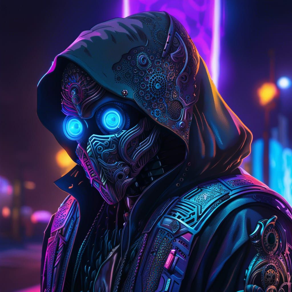 Cyberpunk Ghost Sorcerer Portrait on Moonlit Street