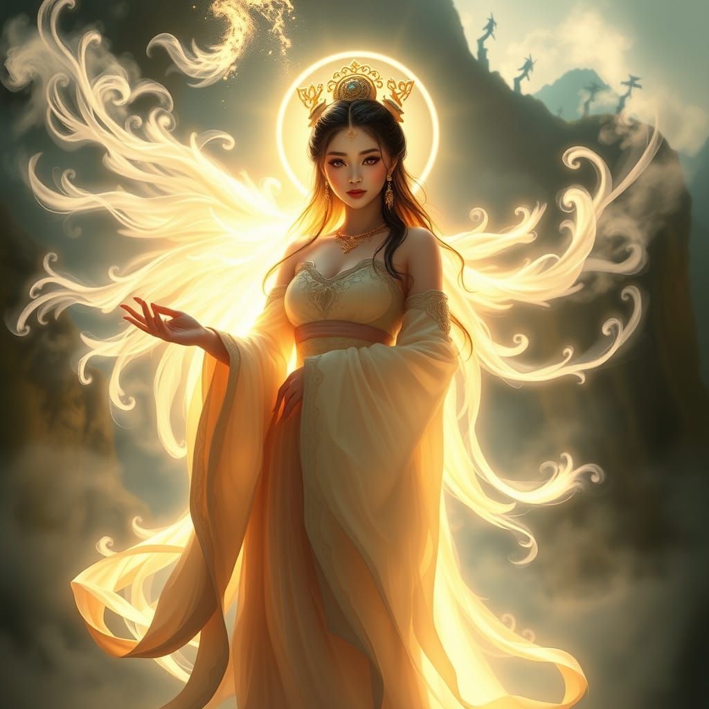 Ethereal Asian Goddess of Light and Shadow in Dreamlike Mist
