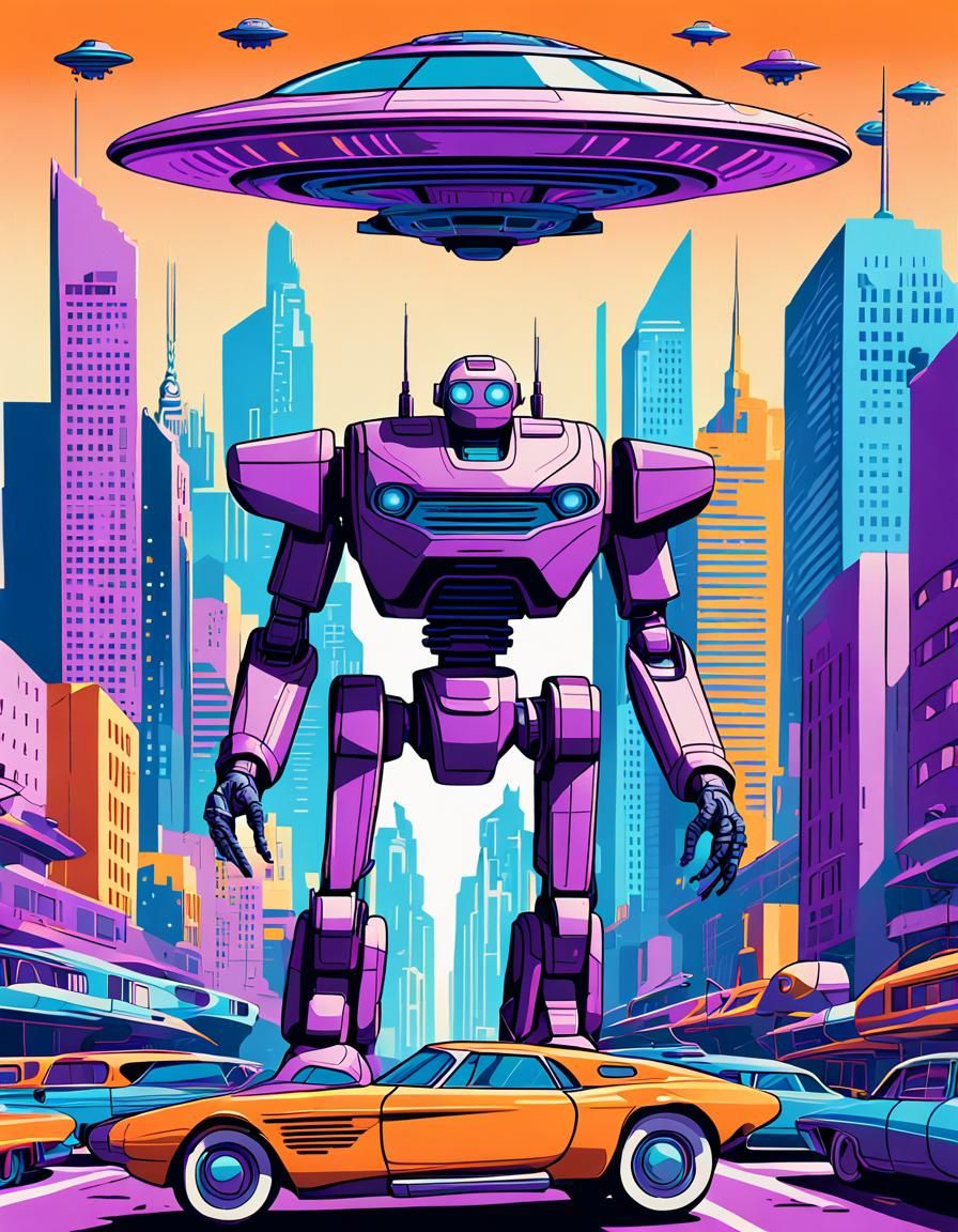 Giant Robot in Dystopian City, Pop Art Style