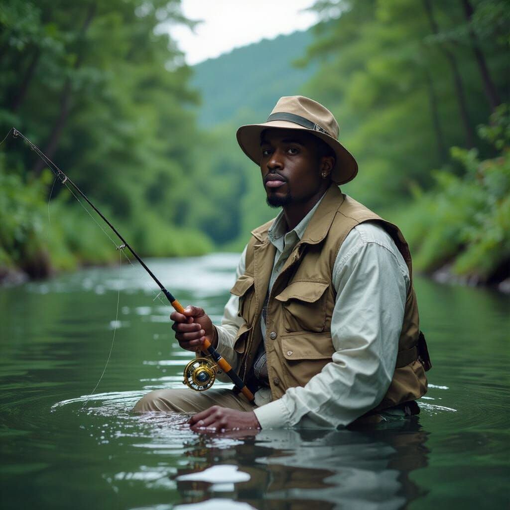 Fisherman in Serene River, Hyperrealistic Photography