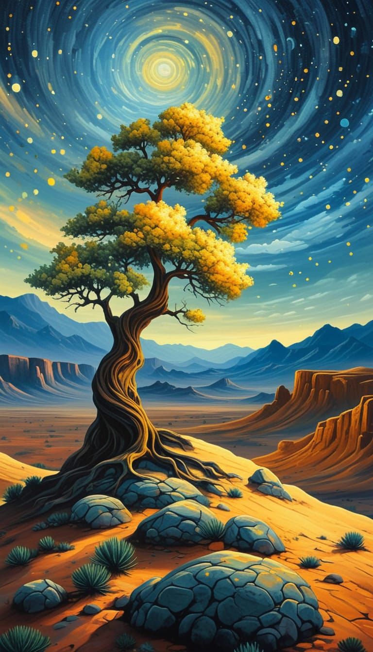 Majestic Desert Tree at Twilight: Matte Painting