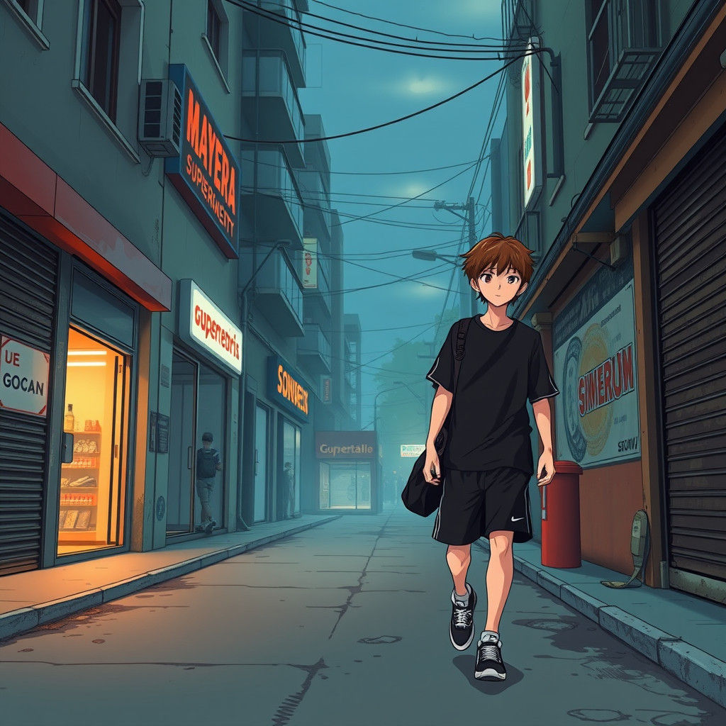 Teenager Walks to Gym in Anime Key Visual Style