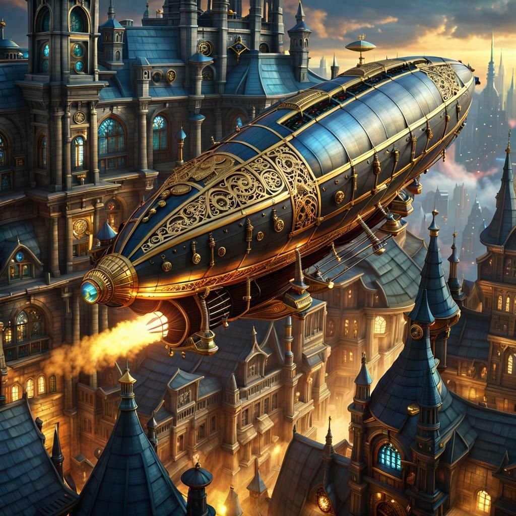 Steampunk Zeppelin Over Cyberpunk Gothic City