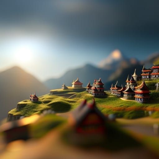 miniature nepal temples & villages on a hill-side
