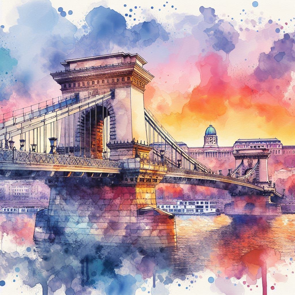 Budapest Chain Bridge Watercolor at Dawn