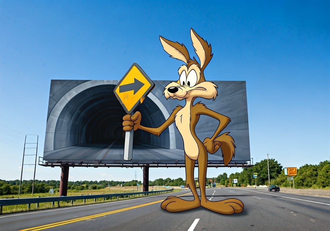 Wile E. Coyote Paints Highway Billboard Masterpiece