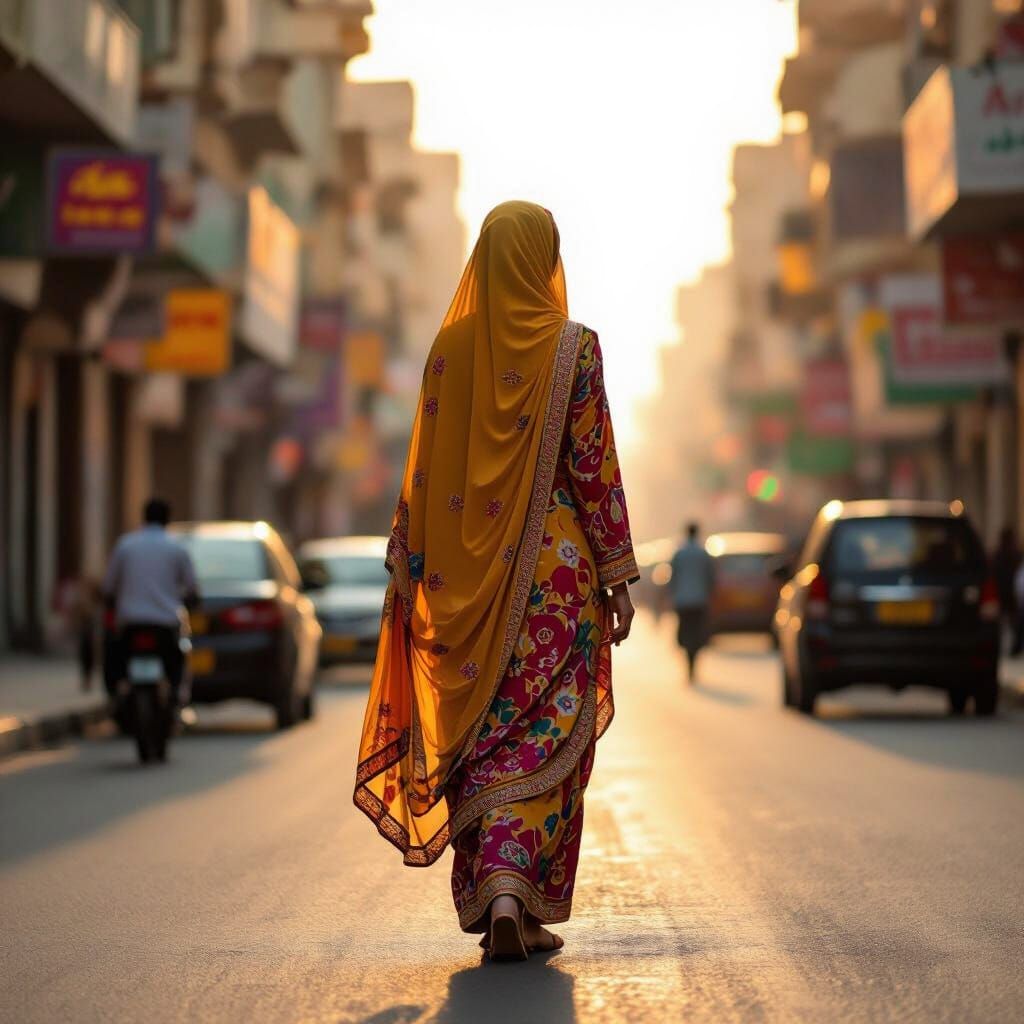 Muslim Woman in Salwar Kameez in Karachi at Golden Hour