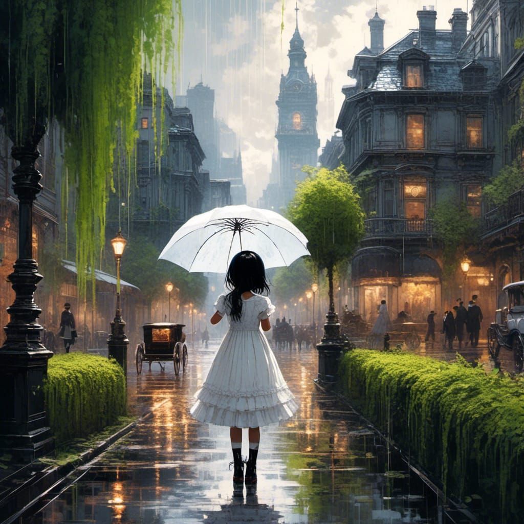 Girl with Umbrella in Victorian Cityscape