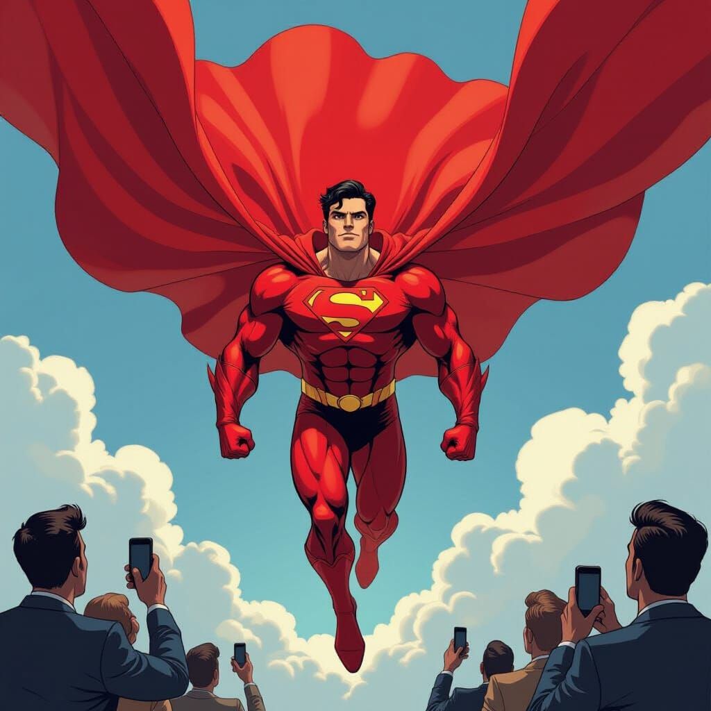 Hero in Red Suit Flies with Dramatic Lighting