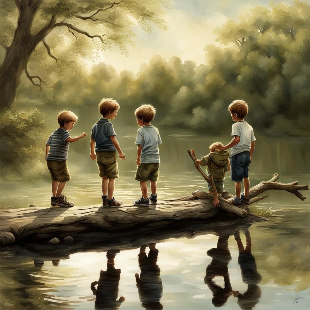 Boys Playing at Pond with Rope Swing