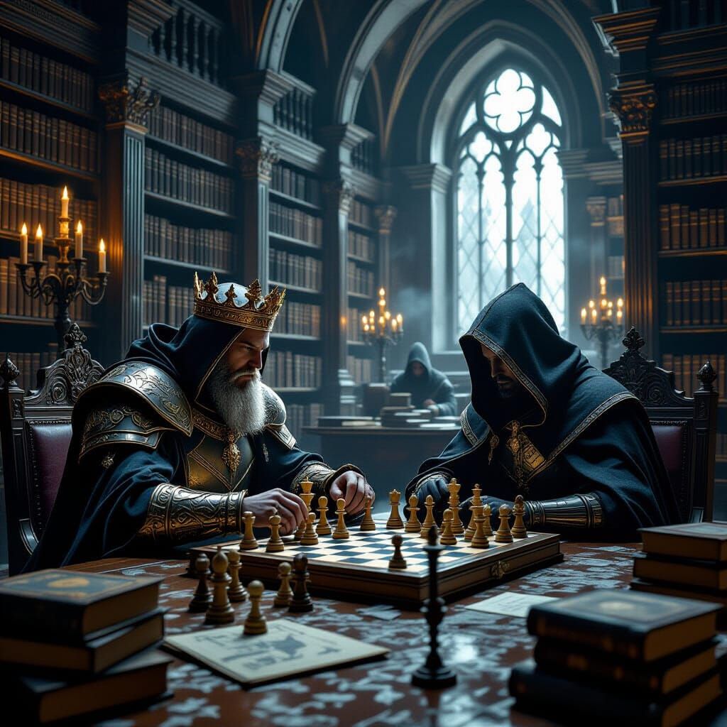 Medieval King's Chess Battle in a Dark Fantasy Library