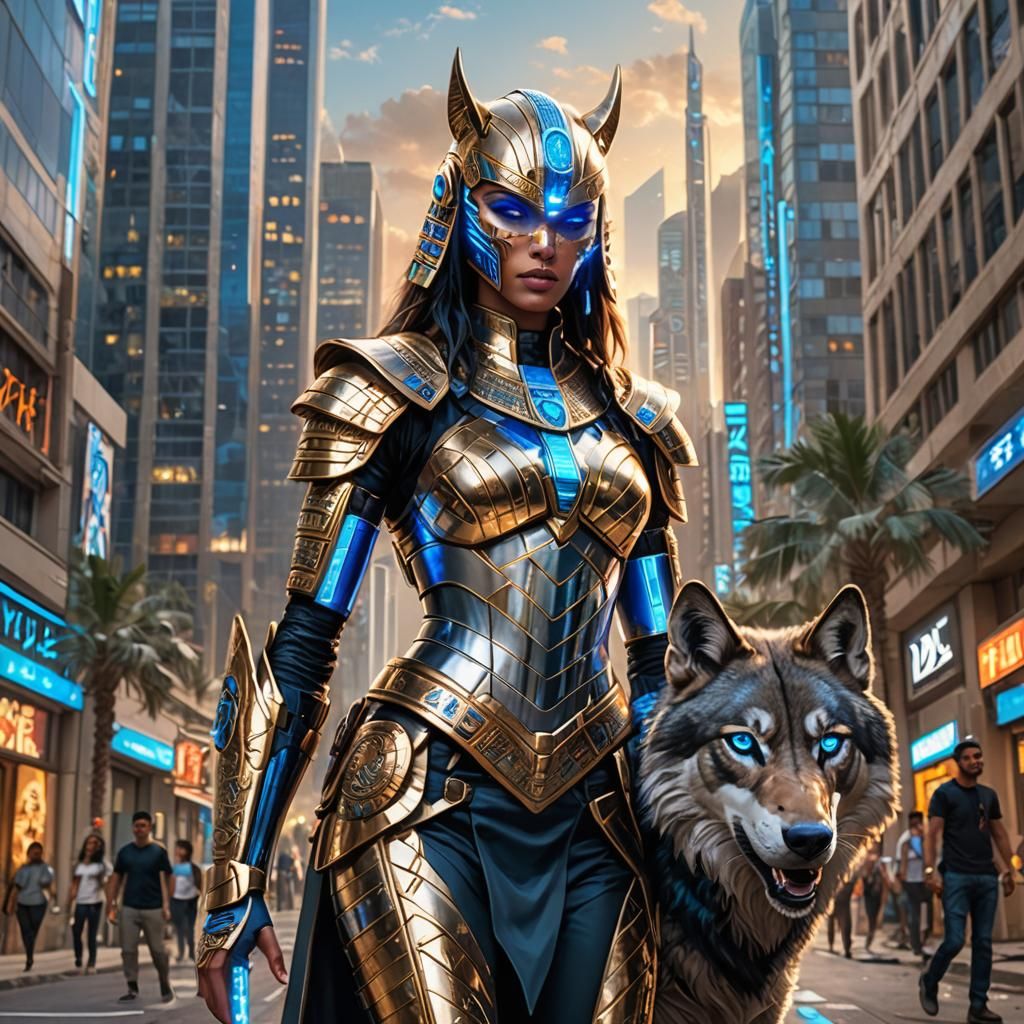 A futuristic warrior dressed in sleek, metallic armor with i...