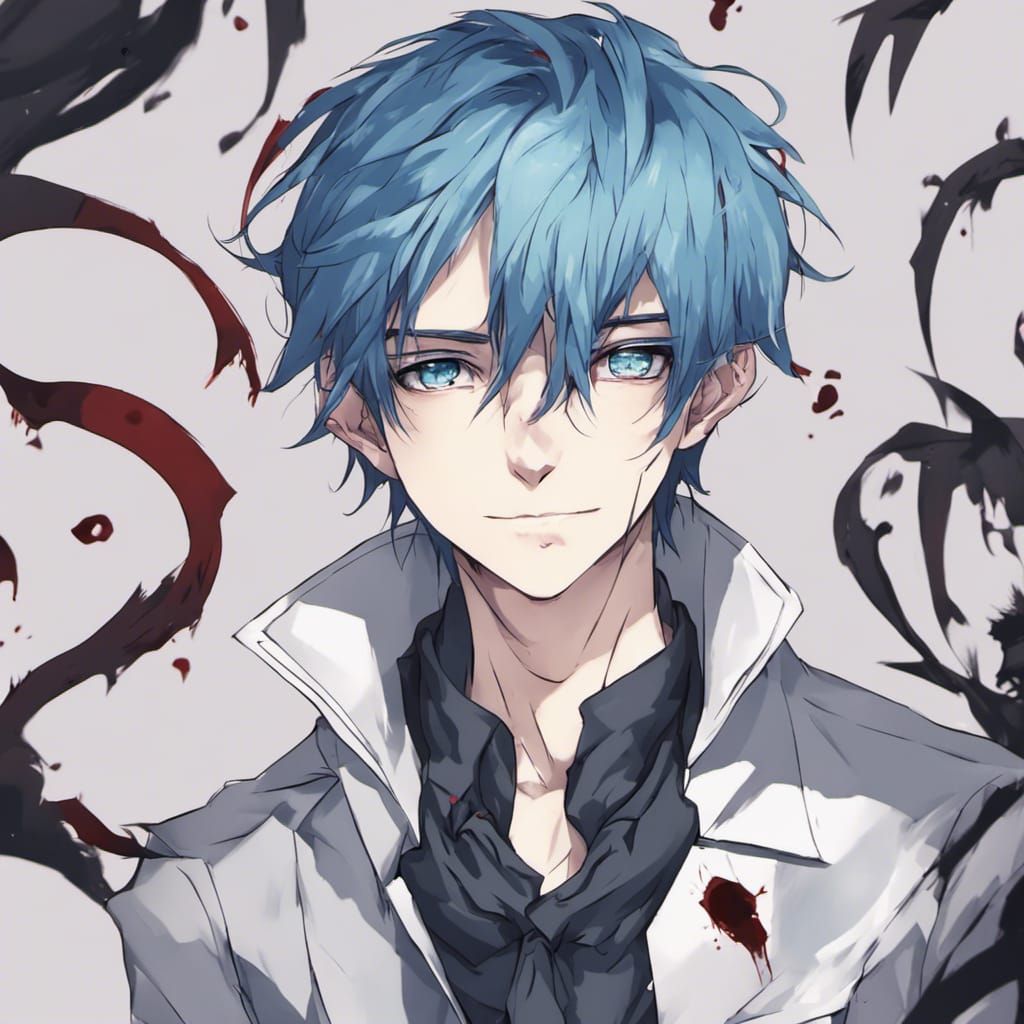 Anime Vampire Boy with Blue Hair and Gills