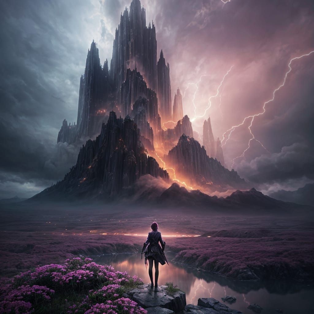Stormy Landscape with Dark-Haired Woman: Digital Matte Paint...