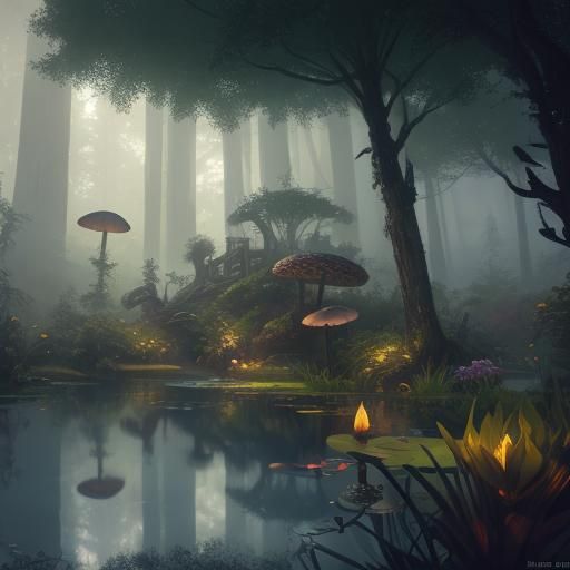 Ethereal Woman Gazing into Mushroom Pond: Fantasy Art