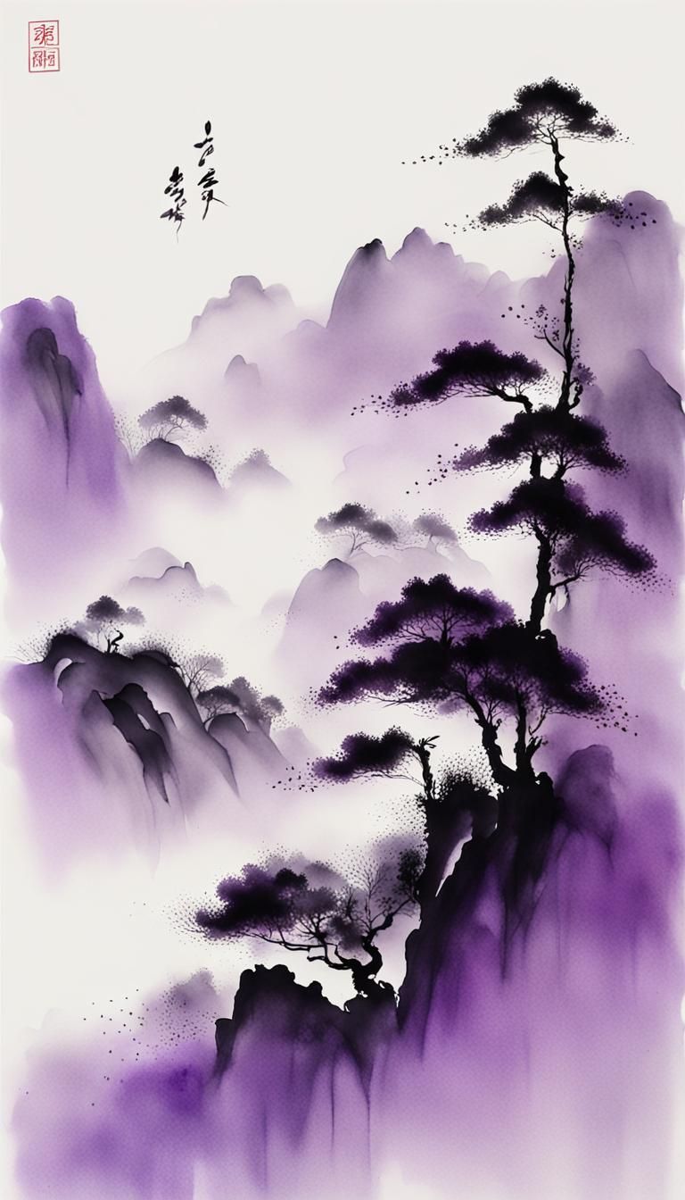 Minimalist Purple Landscape in Chinese Ink Style