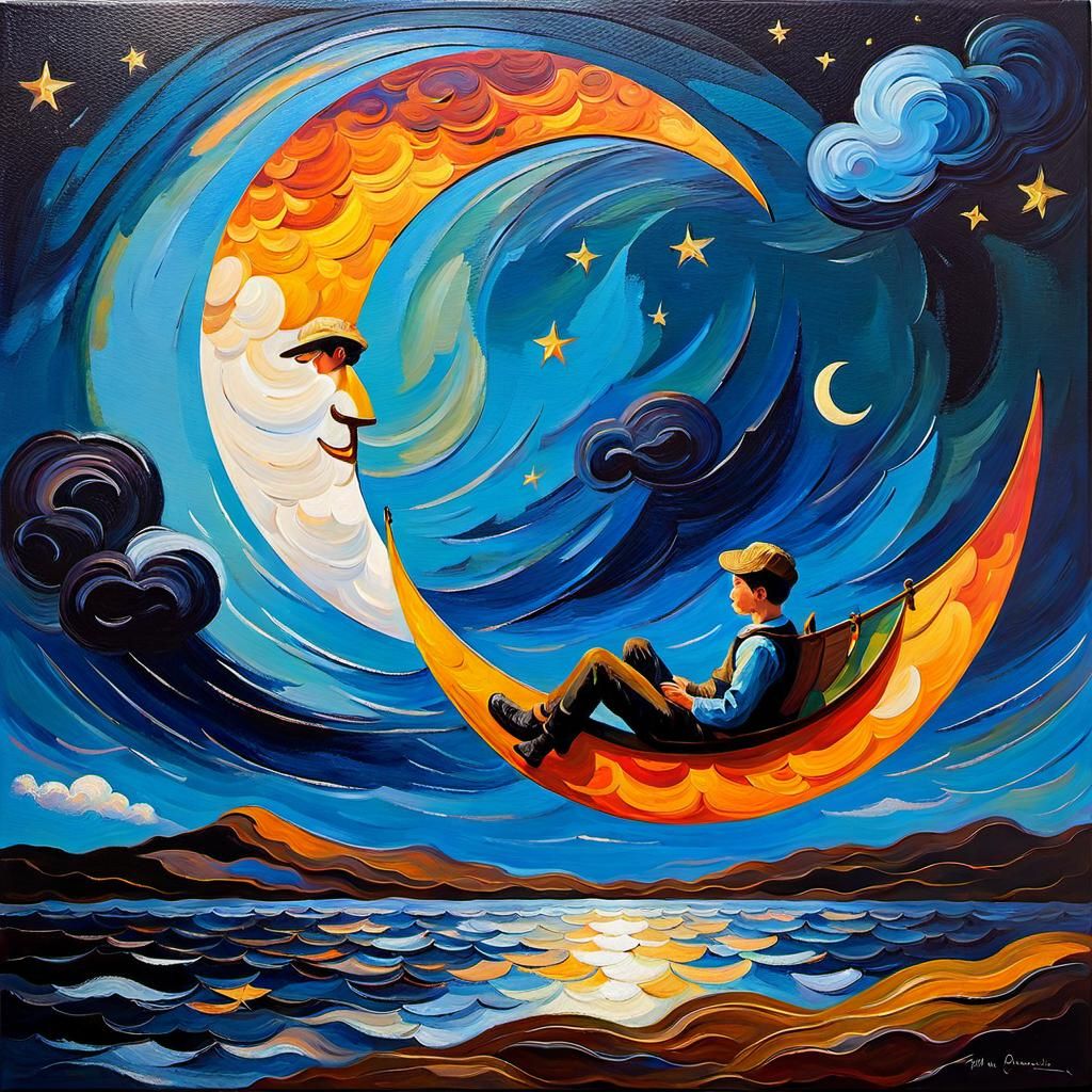 Boy Fishing on Moon, Expressionist Oil Painting