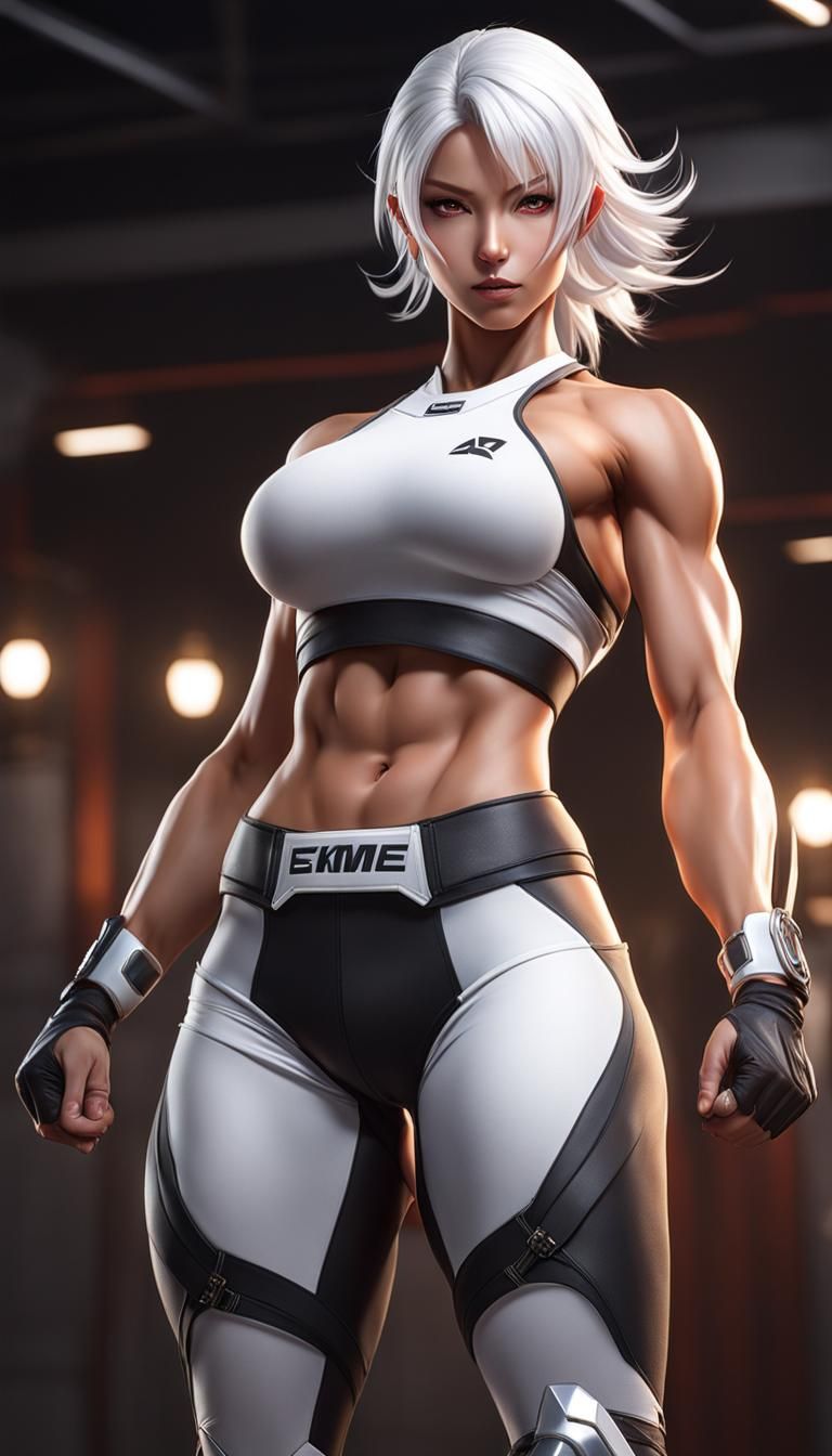 Hyperrealistic Anime: Muscular Woman with White Hair