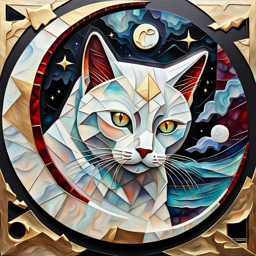 Opal Cat in Cubist Moon Painting with Marble Accents
