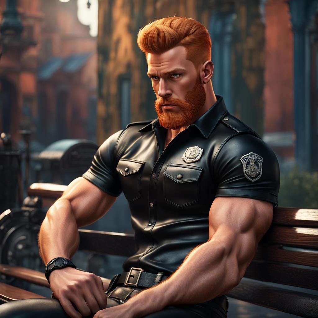 Tom of Finland Style Ginger Model on Bench