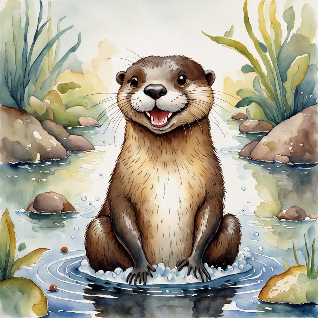 Whimsical Watercolor Otter in Folk Art Style