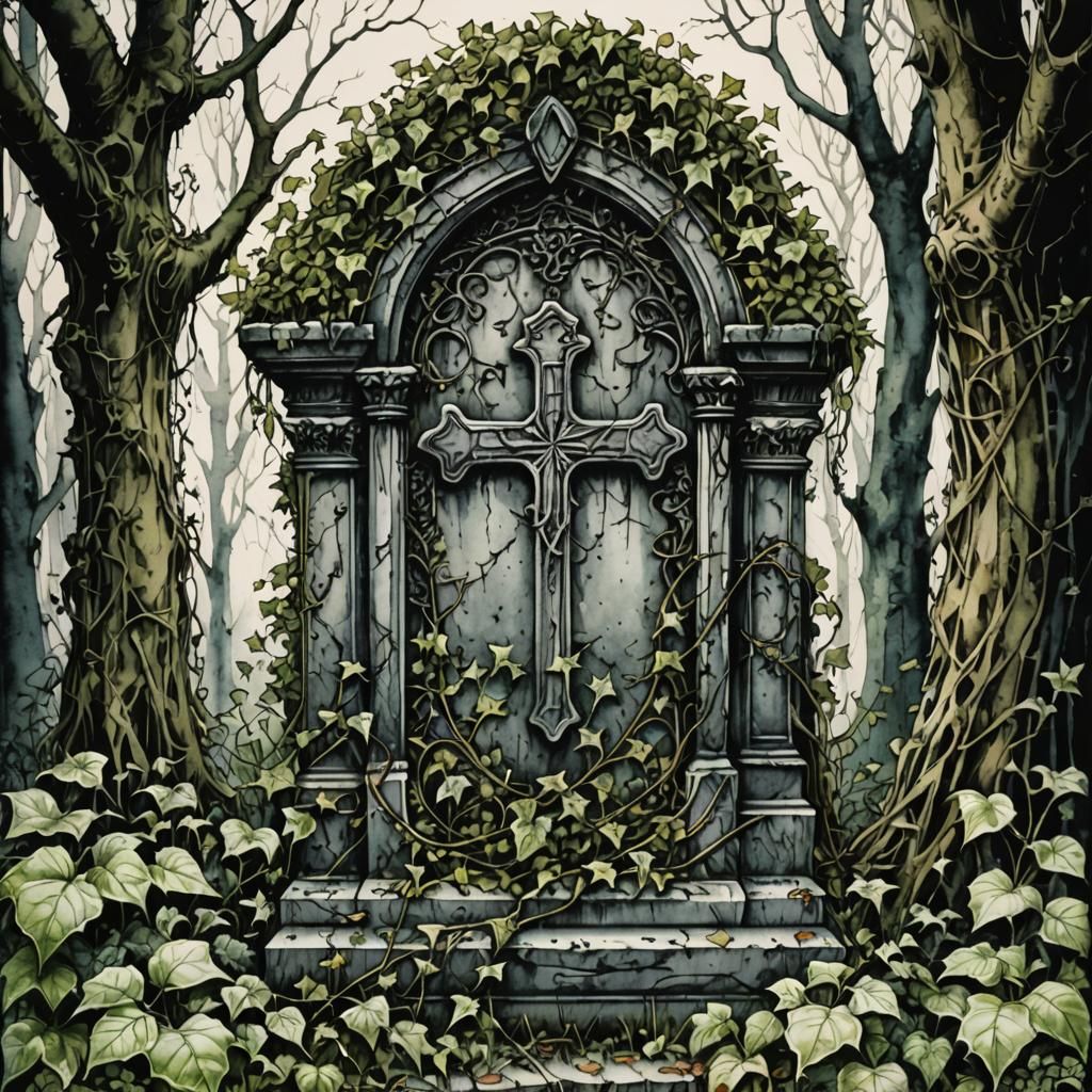 Gothic Gravestone Overgrown with Ivy in Watercolor