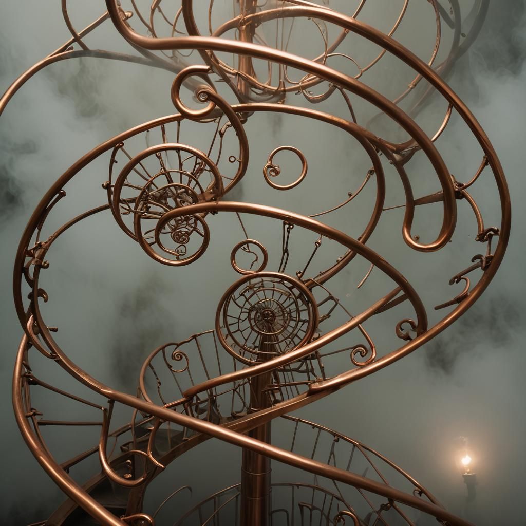 Surreal Copper Staircase in Fog: Dreamlike Macro Photography